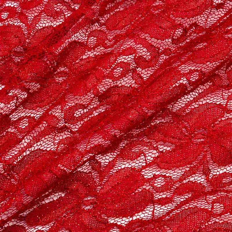 Tessuti online  Pizzo glitter elasticizzato rosso